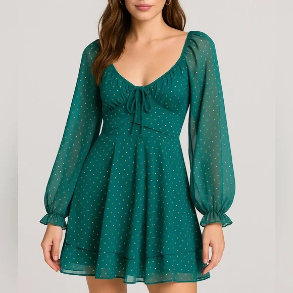 🆕 ✨ Midnight Doll Green Gold Dotted Mini Dress M Tie Party Holiday Chic Size M - Picture 1 of 15